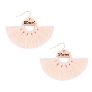 NWT Blessed Etched Cream Fan Tassel Earrings